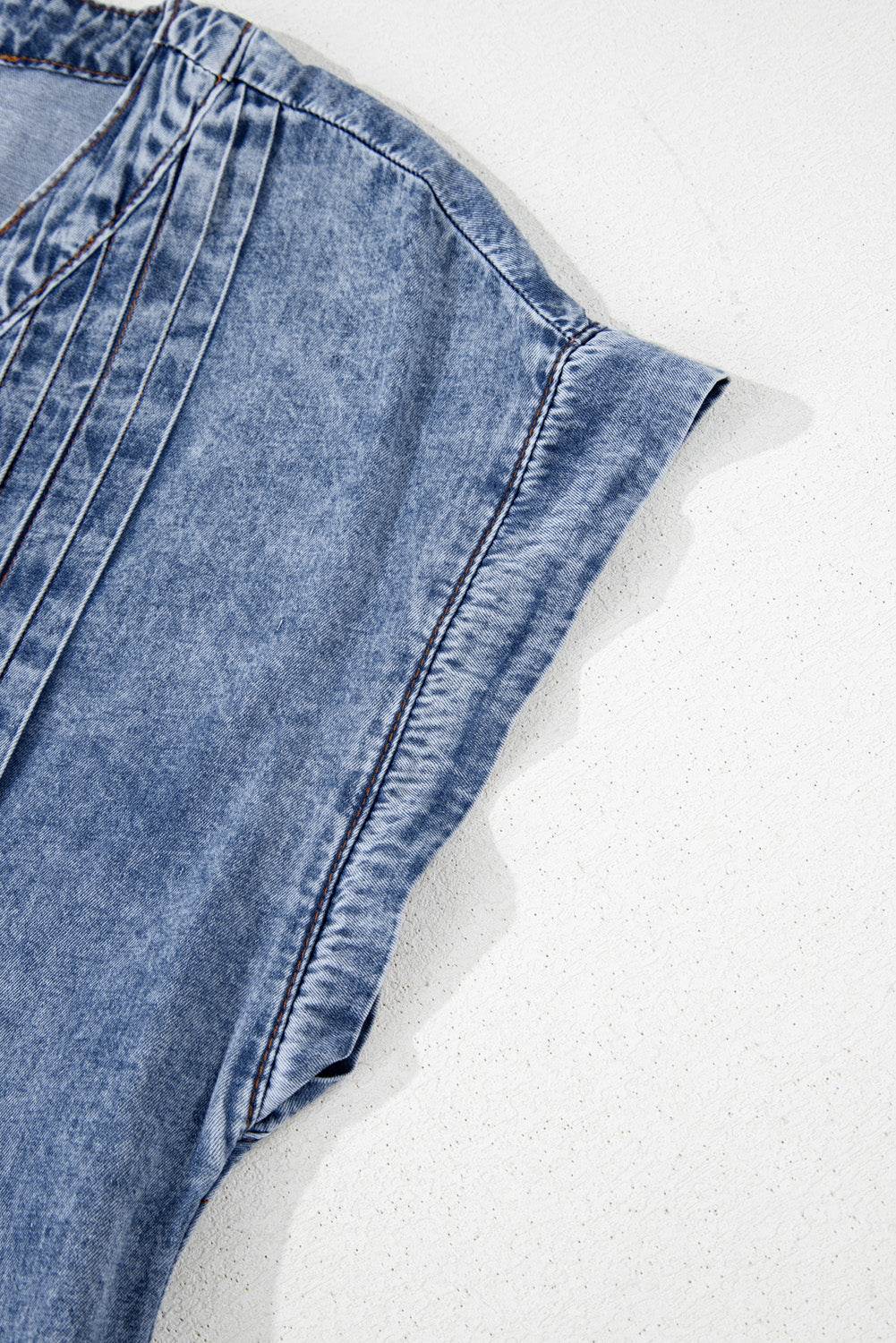 Tie V Neck Tucking Detail Short Sleeve Denim Dress - Hovatok