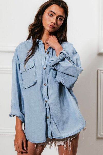 BiBi Button Down Stitch Detail Shirt with Chest Pockets - Hovatok