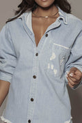 Distressed Long Sleeve Longline Denim Jacket - Hovatok