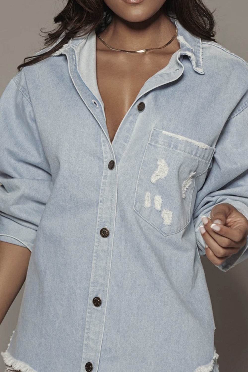 Distressed Long Sleeve Longline Denim Jacket - Hovatok