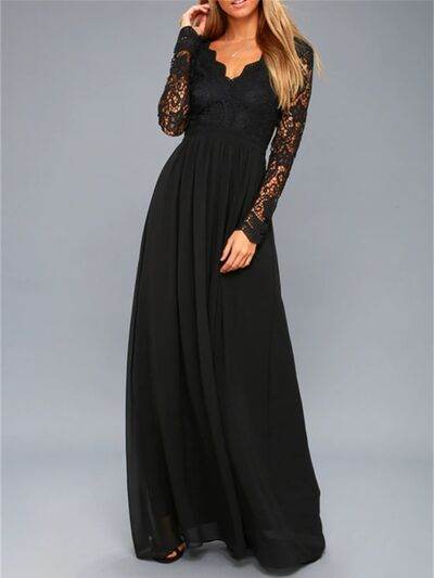 Lace Detail Backless Long Sleeve Maxi Dress - Hovatok