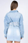 American Bazi Distressed Denim Jacket with Frayed Hem - Hovatok