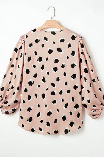 Contrast Animal Print V-Neck Long Sleeve Blouse - Hovatok