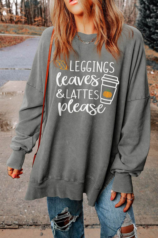 Round Neck Dropped Shoulder LEGGINGS LEAVES LATTES PLEASE Graphic Sweatshirt - Hovatok