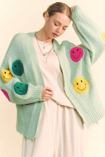 Davi & Dani Fuzzy Smile Open Front Long Sleeve Cardigan - Hovatok