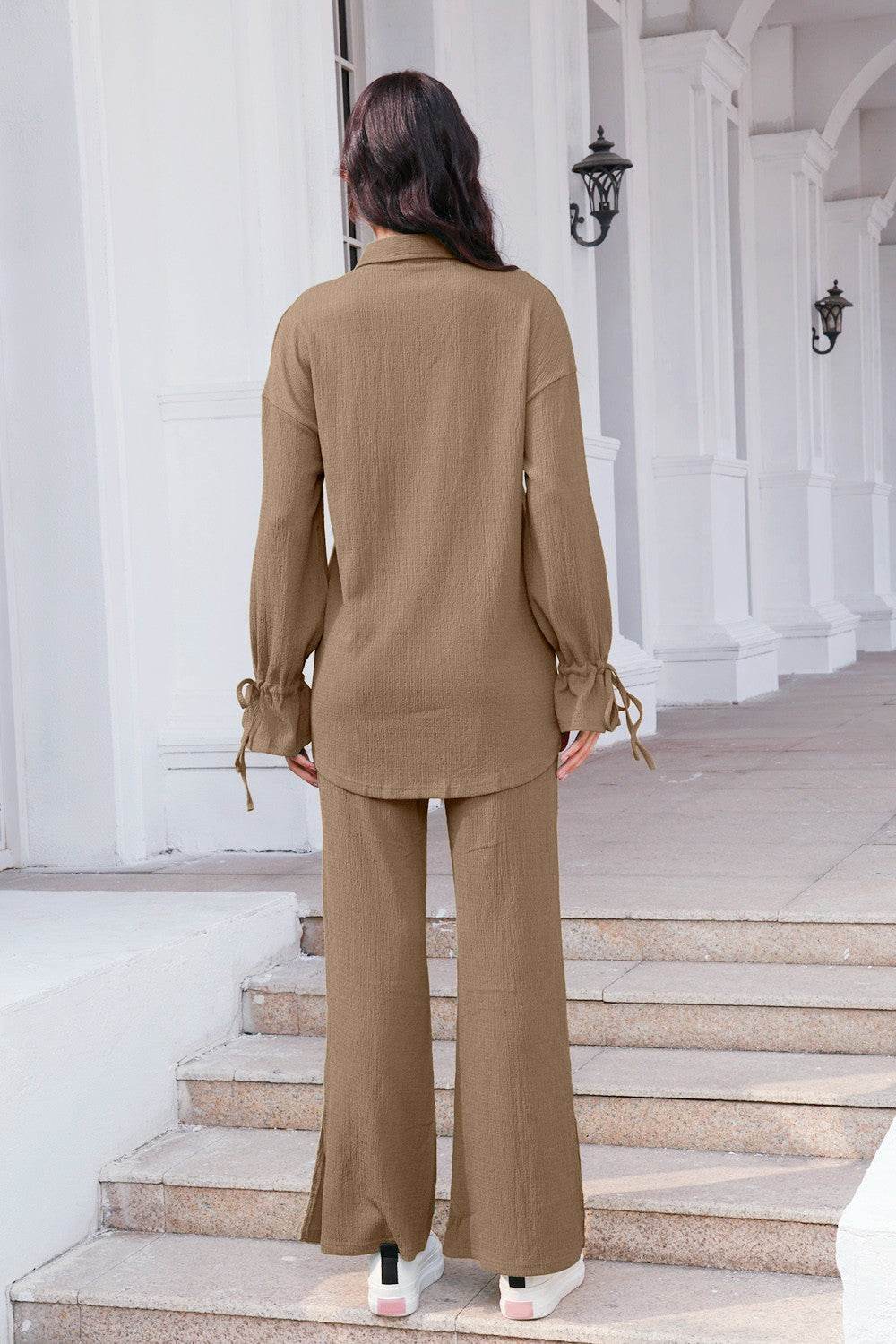 Drawstring Flounce Sleeve Shirt and Pants Set - Hovatok