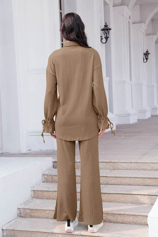 Drawstring Flounce Sleeve Shirt and Pants Set - Hovatok