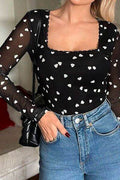 Heart Square Neck Long Sleeve Bodysuit - Hovatok
