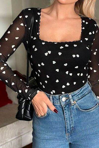 Heart Square Neck Long Sleeve Bodysuit - Hovatok