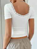 Devine Lace Detail Square Neck Short Sleeve T-Shirt - Hovatok