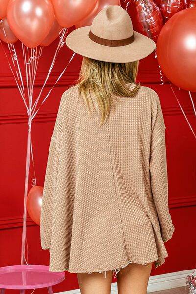 BiBi V-Neck Waffle Uneven Hem Top - Hovatok