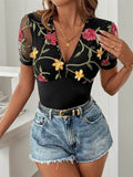 Perfee Embroidered V-Neck Floral Bodysuit - Hovatok