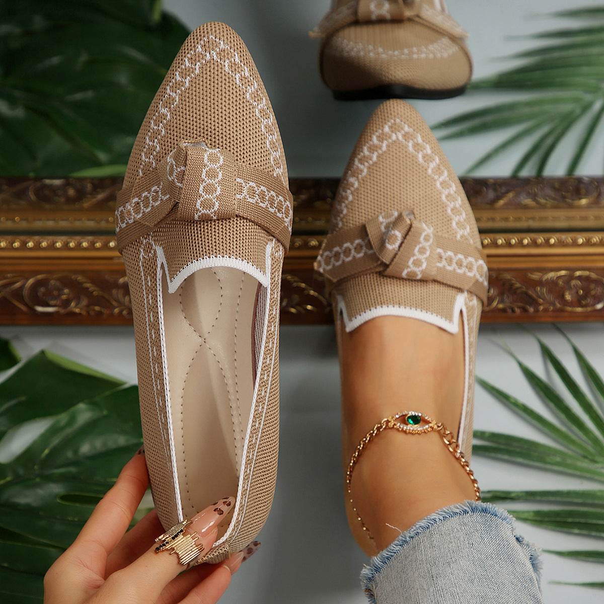 knitted Slip-On Flats with Bow - Hovatok