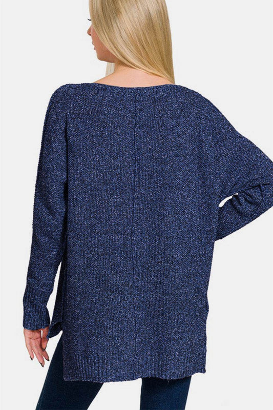 Zenana High-Low Center Seam V-Neck Sweater - Hovatok