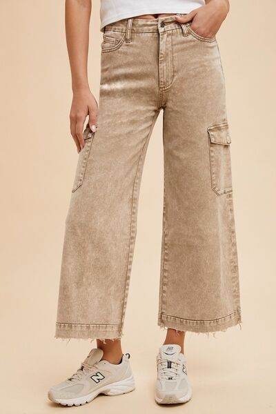 Annie Wear Raw Hem Wide Leg Jeans with Cargo Pockets - Hovatok