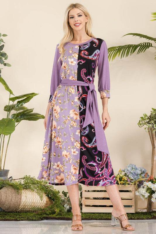 Celeste Full Size Paisley And Floral Contrast Tent Midi Dress Plus Size - Hovatok