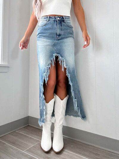High-Waist Raw Hem Asymmetry Denim Skirt - Hovatok