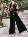 Embroidered Ruched Short Sleeve Jumpsuit - Hovatok