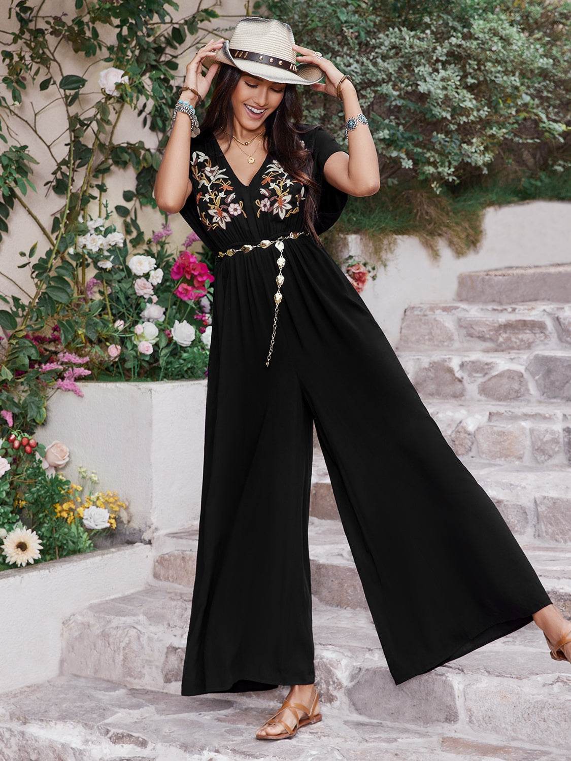 Embroidered Ruched Short Sleeve Jumpsuit - Hovatok