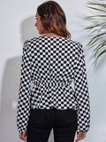 Checkered V-Neck Balloon Sleeve Peplum Blouse - Hovatok