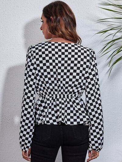 Checkered V-Neck Balloon Sleeve Peplum Blouse - Hovatok