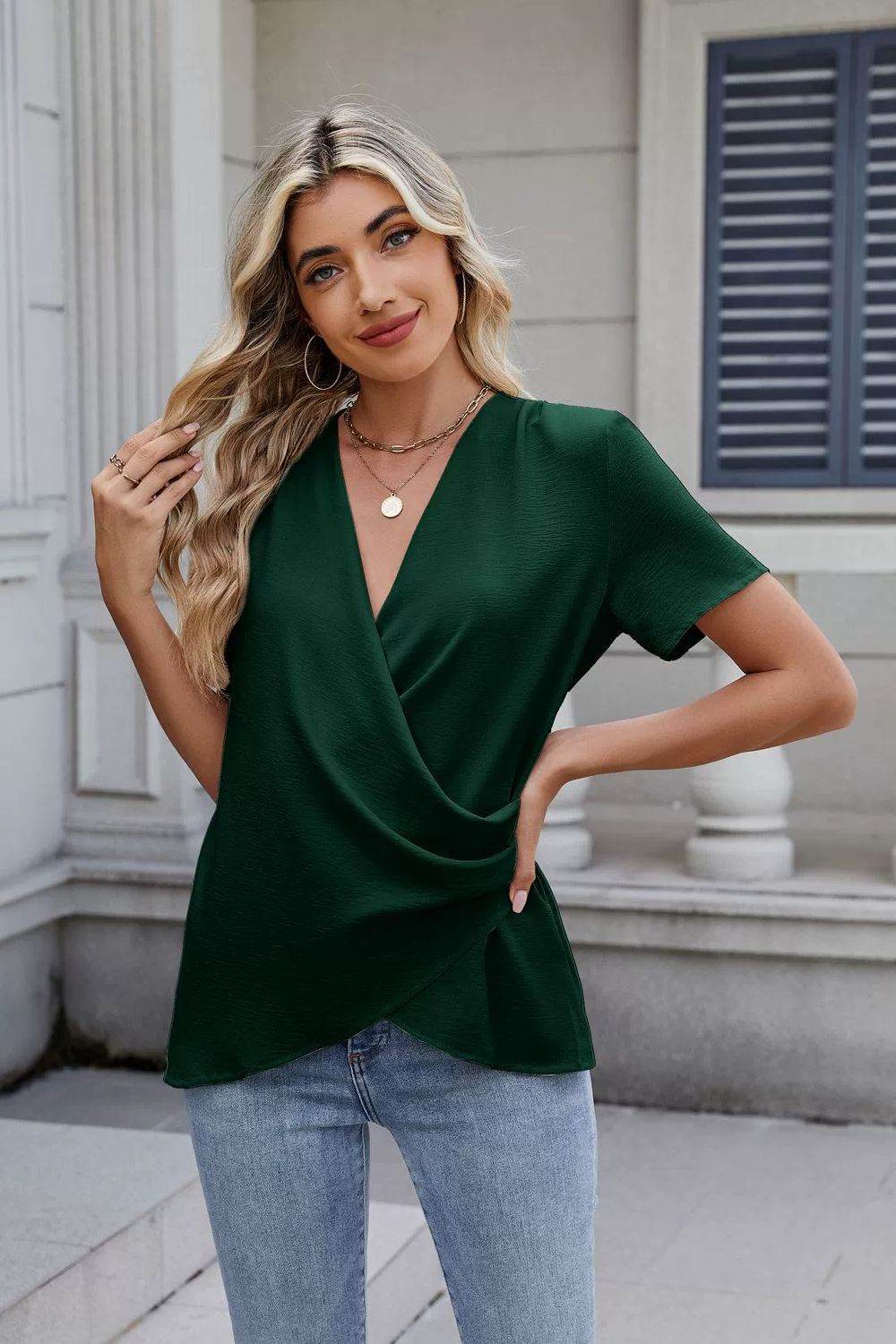 Solid Color Surplice Short Sleeve Blouse - Hovatok