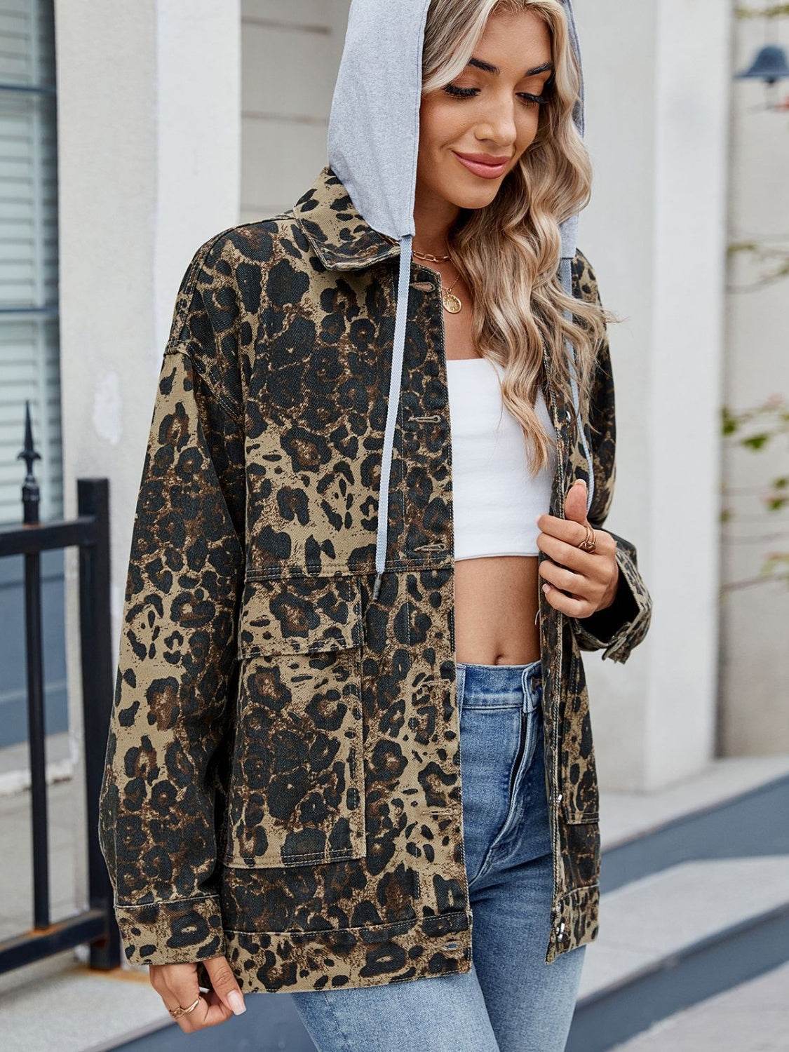 Leopard Button Up Drop Shoulder Denim Jacket - Hovatok