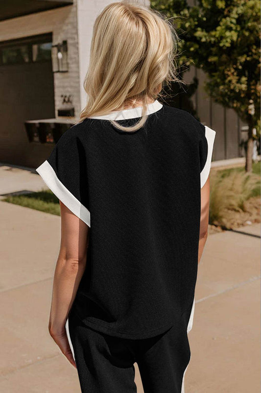 Oh Texture Contrast Trim Round Neck Cap Sleeve Top and Pants Set - Hovatok