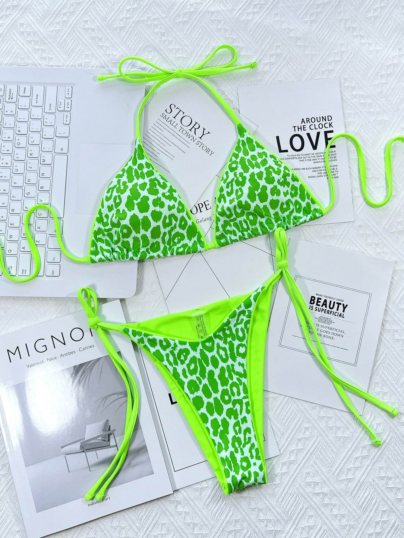 Leopard Print Halter Neck Tie Side Bikini Set - Hovatok