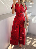 Devine Printed Notched Short Sleeve Wide Leg Jumpsuit - Hovatok