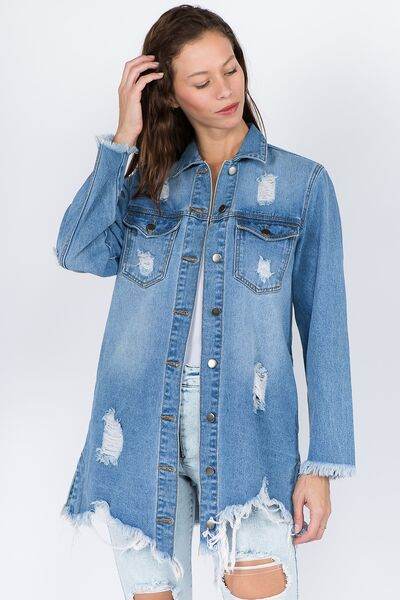 American Bazi Distressed Frayed Hem Denim Jacket - Hovatok