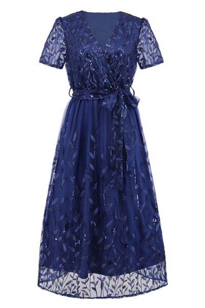 Sequin Leaf Embroidery Tie Front Short Sleeve Dress - Hovatok