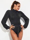 Backless Tie-Waist Turtleneck Lantern Sleeve Bodysuit - Hovatok
