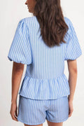 Striped Bowknot Detail Puff Sleeve Top and Shorts Set - Hovatok