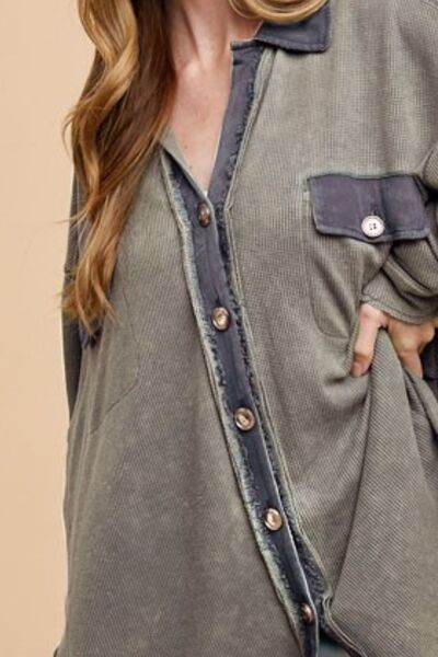 Annie Wear Waffle-Knit Mineral Washed Button Down Shirt - Hovatok
