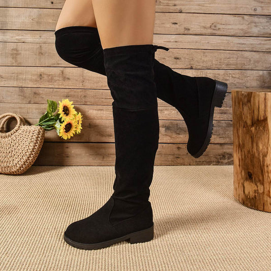 Round Toe Suede Low Heel Boots - Hovatok
