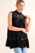 And The Why Lace Detail Sleeveless Ruffled Top - Hovatok