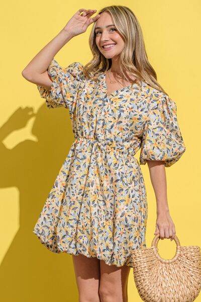 And The Why Full Size Floral Surplice Puff Sleeve Dress - Hovatok