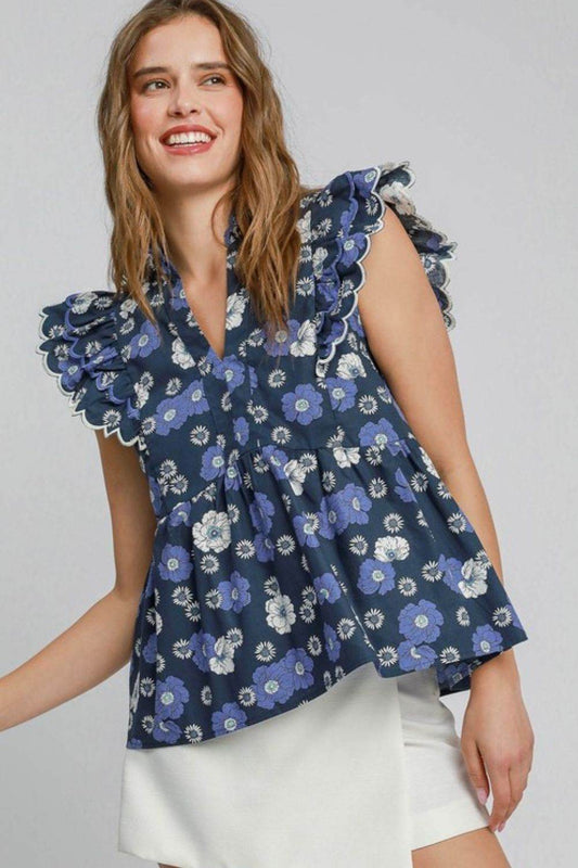 Umgee Full Size Floral Print Peplum Top Plus Size - Hovatok