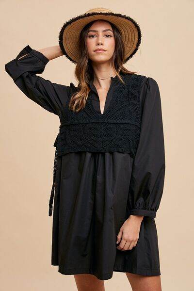 Annie Wear Crochet Vest Notched Long Sleeve Shirt Dress - Hovatok