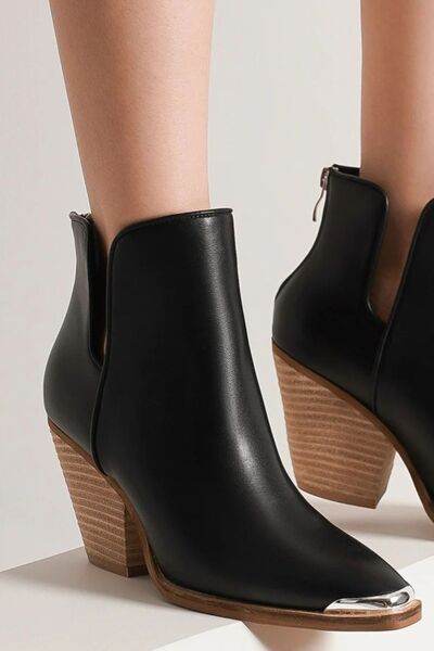 Beast Fashion Pointed Metal-Tip Toe Block Heel Ankle Boots - Hovatok