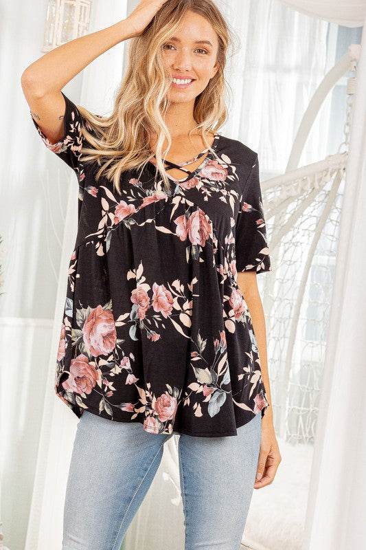 Heimish Full Size Crisscross Neck Floral Babydoll Top Plus Size - Hovatok