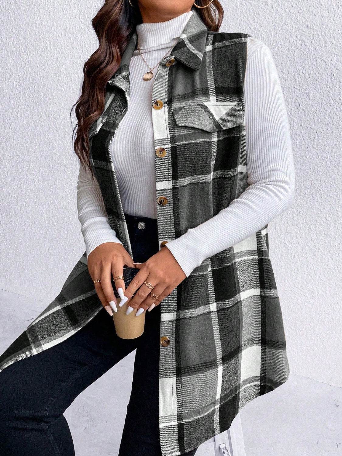 Honey Plus Size Pocketed Plaid Button Up Vest Coat - Hovatok