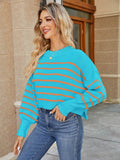 Round Neck Striped Lantern Sleeve Sweater - Hovatok
