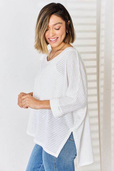 Zenana Full Size Waffle Knit V-Neck Long Sleeve Slit Top - Hovatok