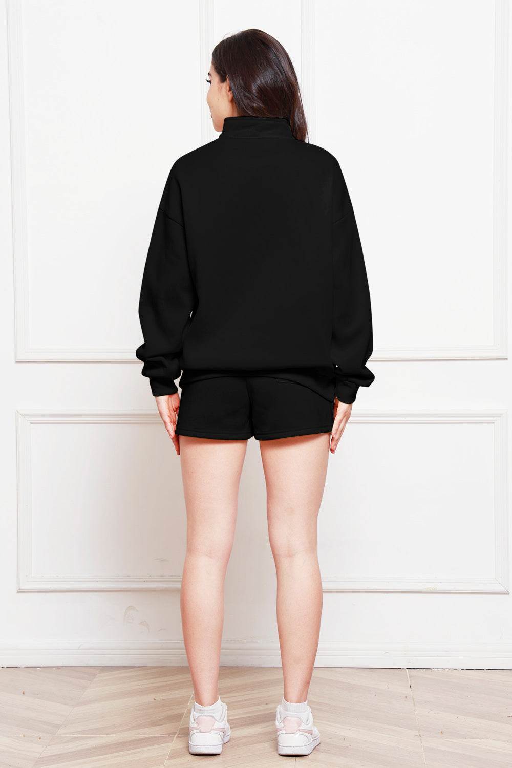 Half Zip Long Sleeve Sweatshirt and Drawstring Shorts Set - Hovatok