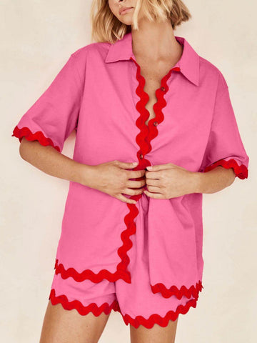 Contrast Trim Half Sleeve Top and Shorts Set - Hovatok