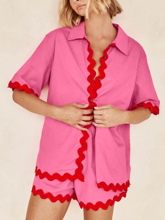 Contrast Trim Half Sleeve Top and Shorts Set - Hovatok