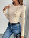 Perfee Decorative Button Round Neck Long Sleeve Bodysuit - Hovatok