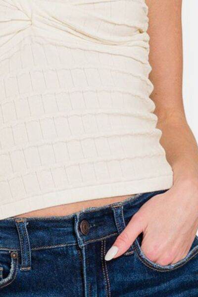 Zenana Ruched Twisted Sweetheart Neck Top - Hovatok